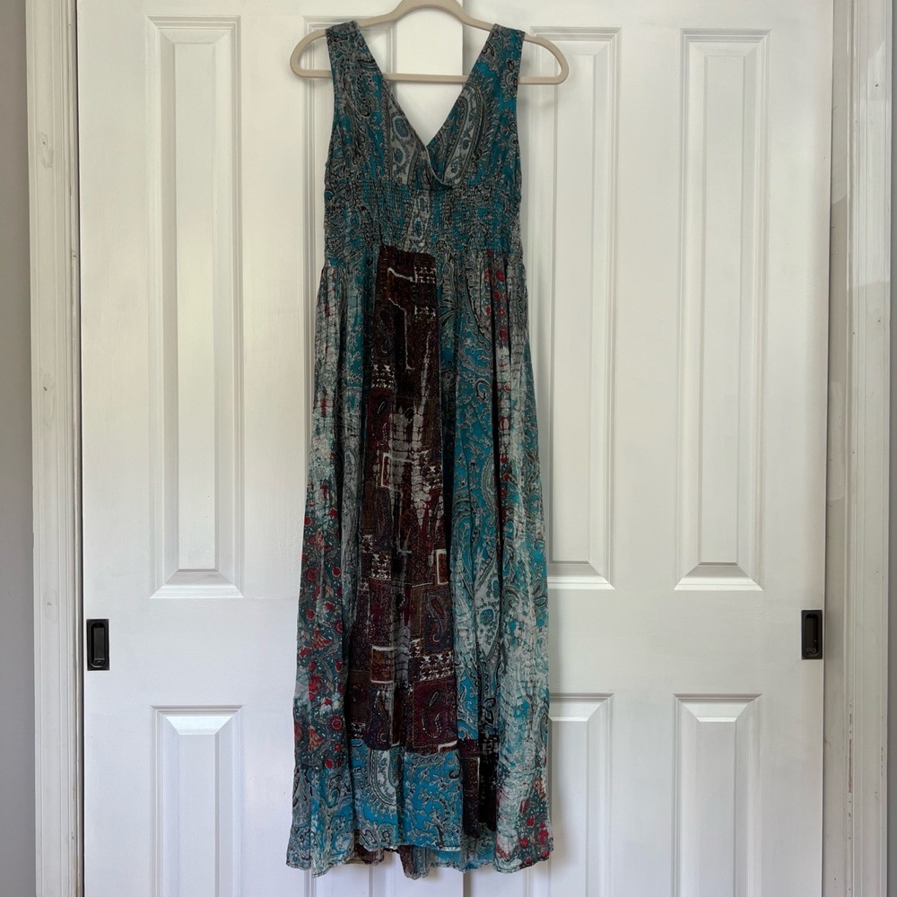 Solitaire‎ Bohemian Patchwork Smocked Paisley Multi-Color Maxi Dress Size L